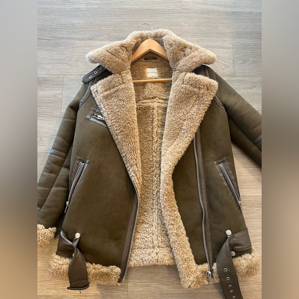 Ave Les files shearling moto jacket.  Brown/olive SZ XXS